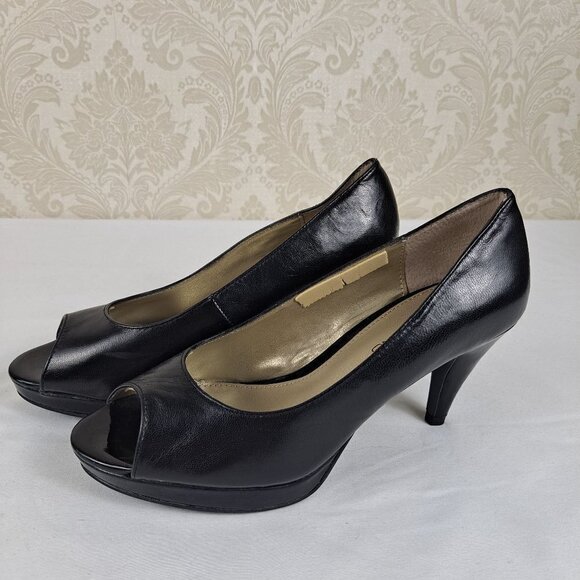 Bandolino Size 6M Mylah Black Leather Heels Peep Toe - Picture 1 of 14